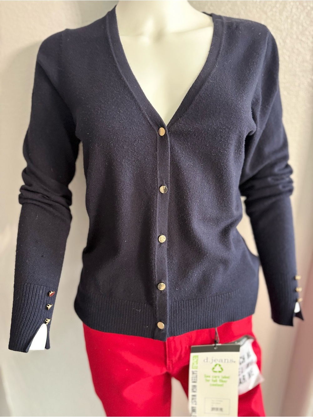 Philosophy Navy V-Neck Cardigan with Gold Buttons - Picture 2 of 6